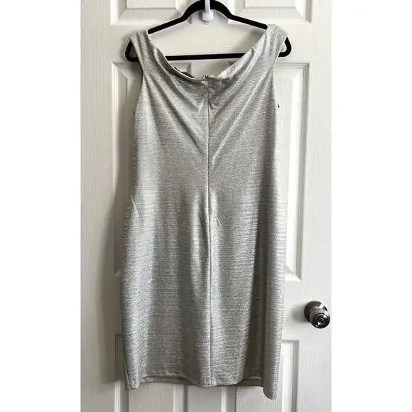 LAUREN RALPH LAUREN Plus Metallic Champagne Faux Wrap Cowl Neck Sheath Dress 16 - Picture 6 of 12